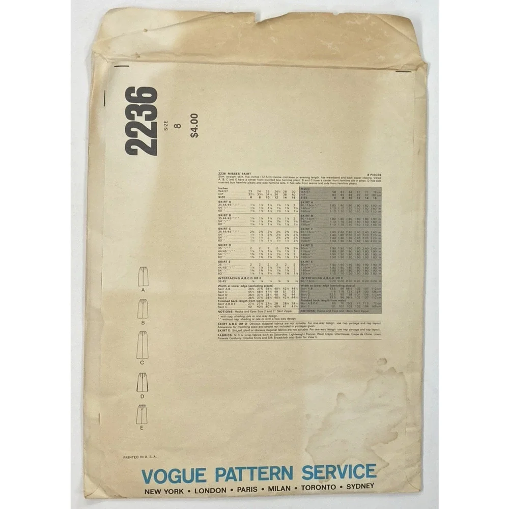 Vogue 2236 Basic Misses 70s Skirt Options Slim Pleat Midi Maxi Sz 8 Cut Complete
